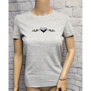 AEROPOSTALE CLASSIC CREW S GRAY BLACK FLAMES HEART Y2K VIBES FITTED S/S TOP TEE